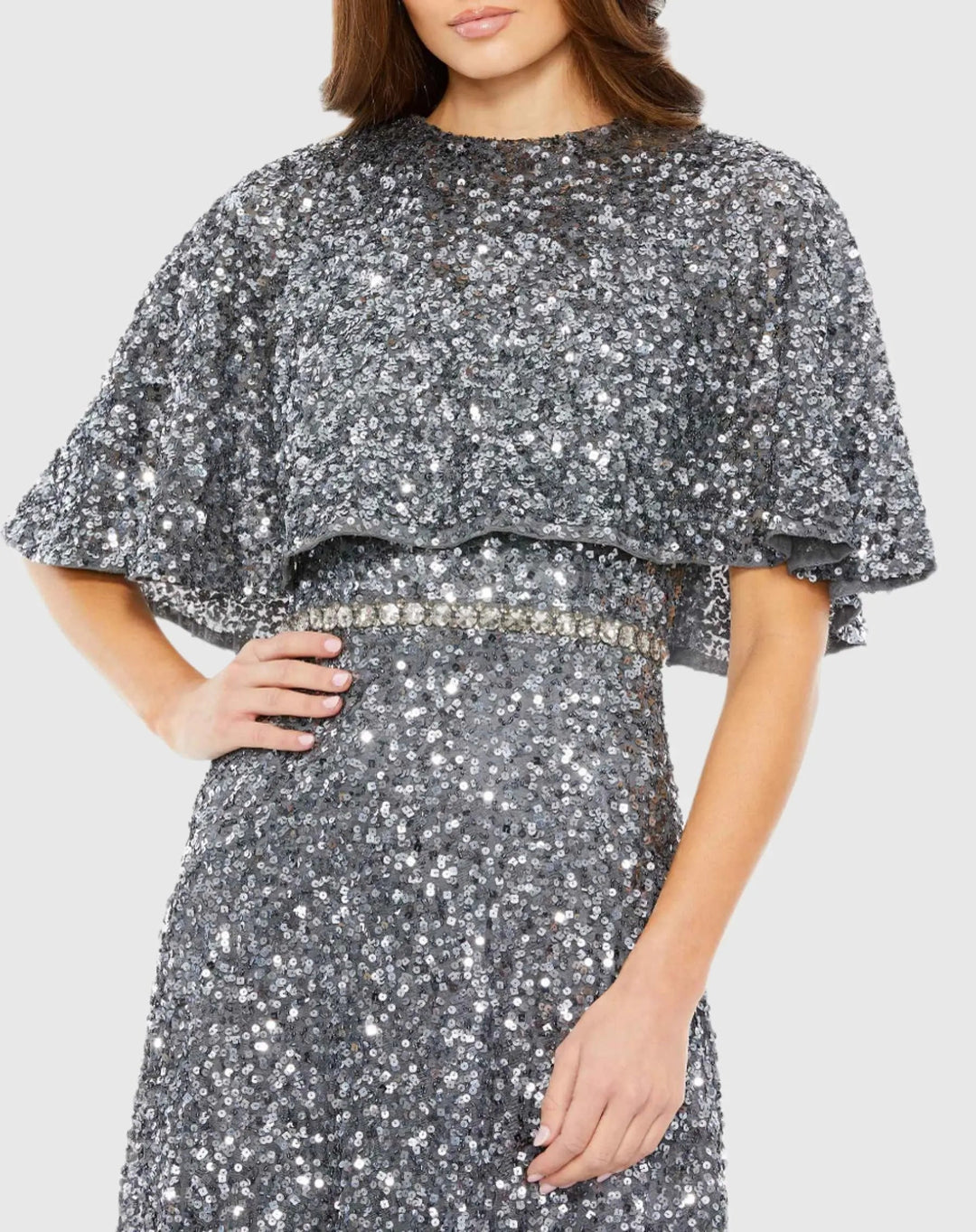 Mac Duggal 5577 Embellished Cape High Neck Midi Dress