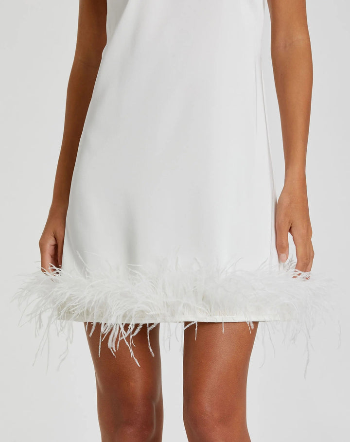 Mac Duggal 55805 Feathered Hem High Neck Sleeveless A Line Dress