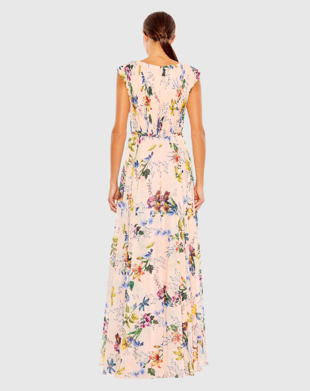 Mac Duggal 55829 Multicolor Pleated Floral Cap Sleeve A Line Gown