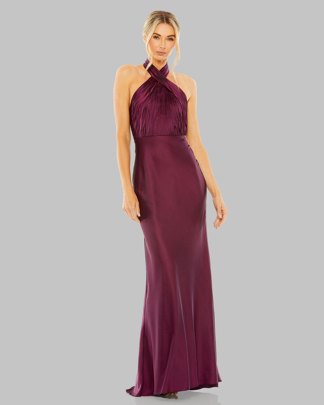 Mac Duggal 55995 Purple Pleated Halter Neck Satin Gown
