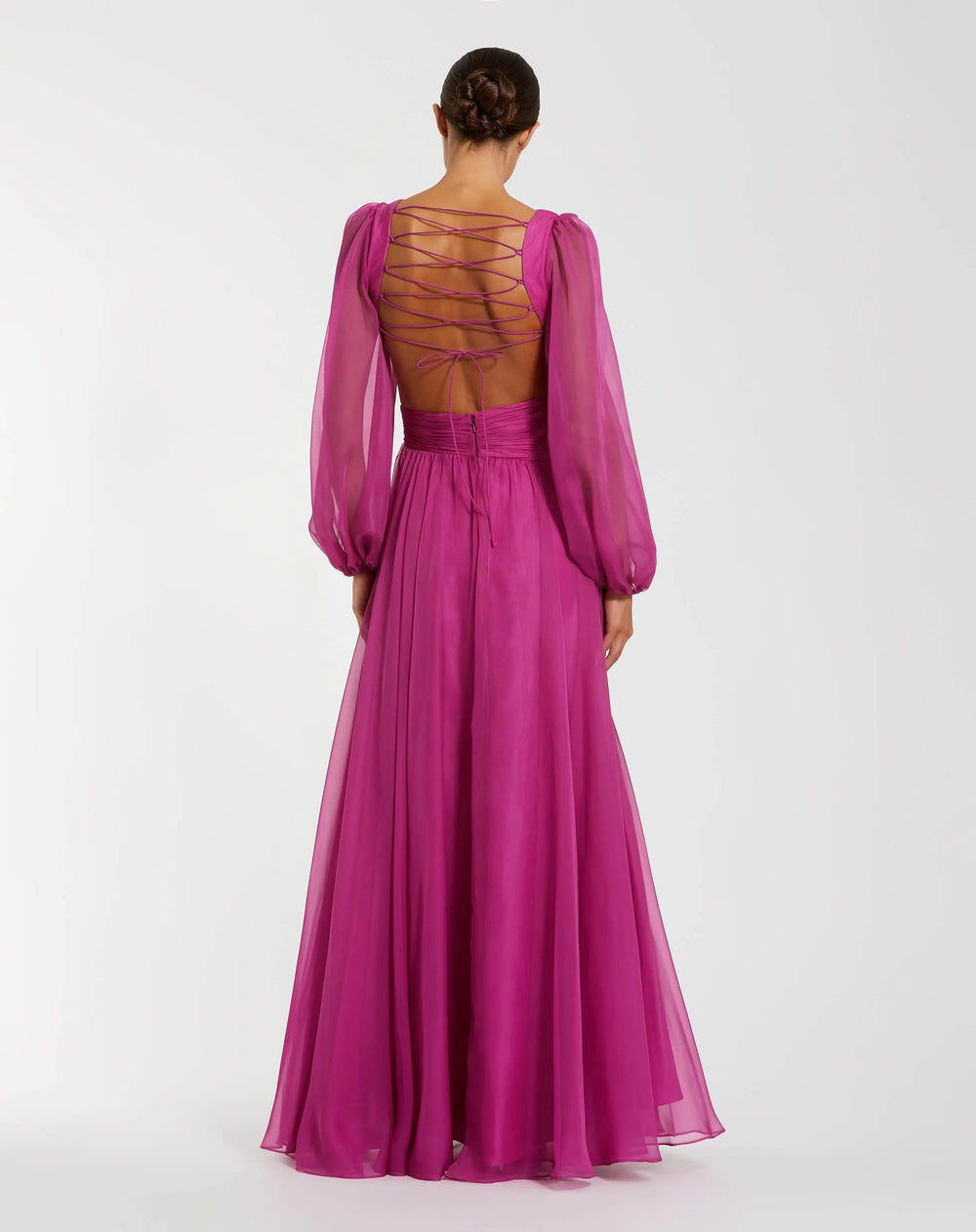 Pink Long Sleeve V-Neck Chiffon Gown With 3D Flower - FOSTANI.com