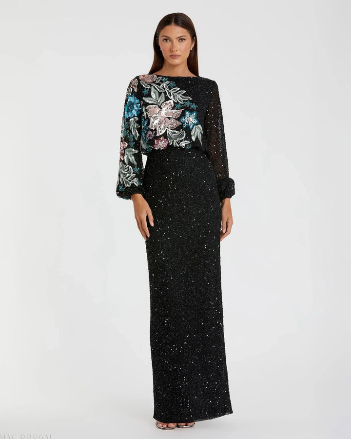 Mac Duggal 5615 High Neck Long Sleeve Sequin Evening Gown