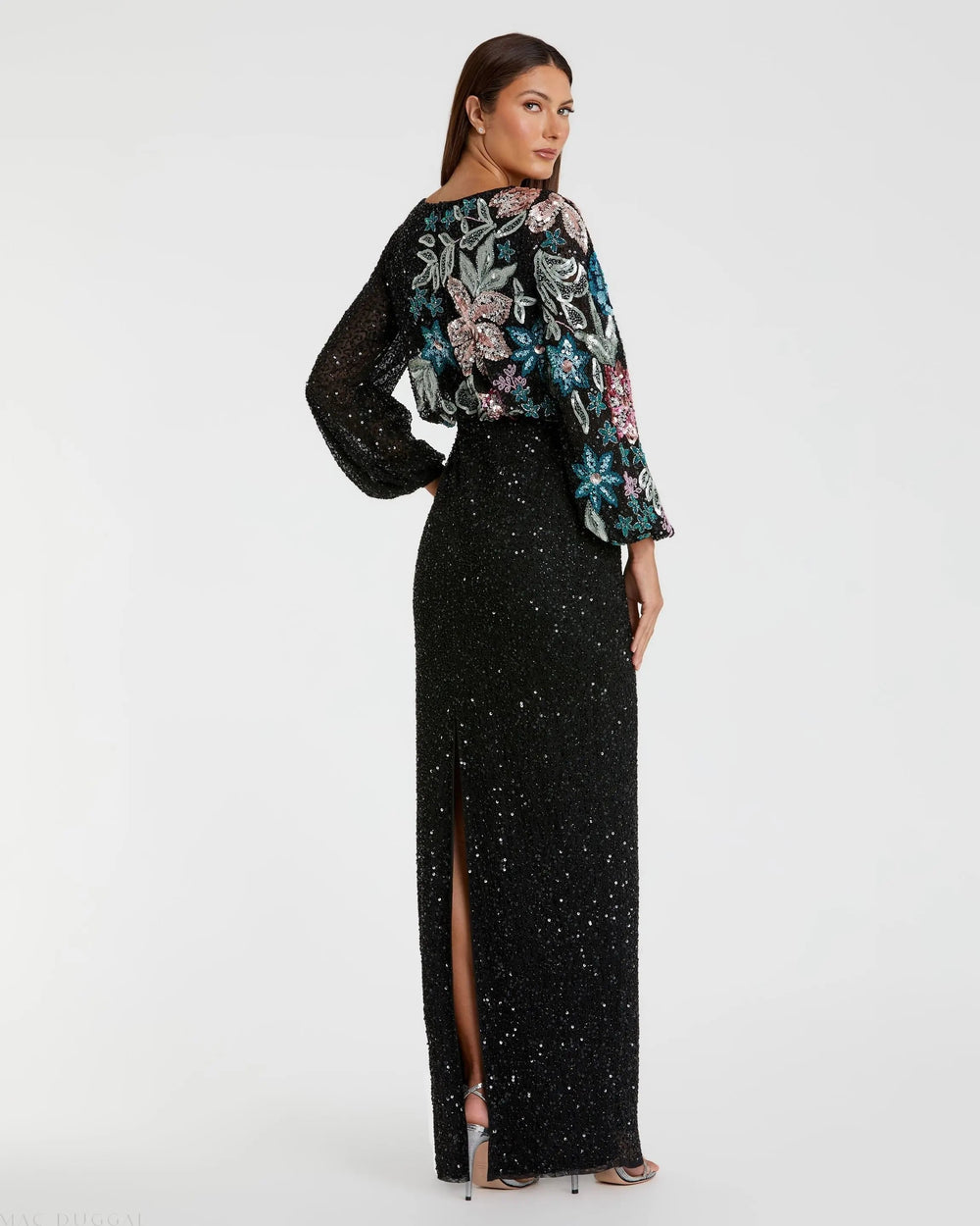 Mac Duggal 5615 High Neck Long Sleeve Sequin Evening Gown