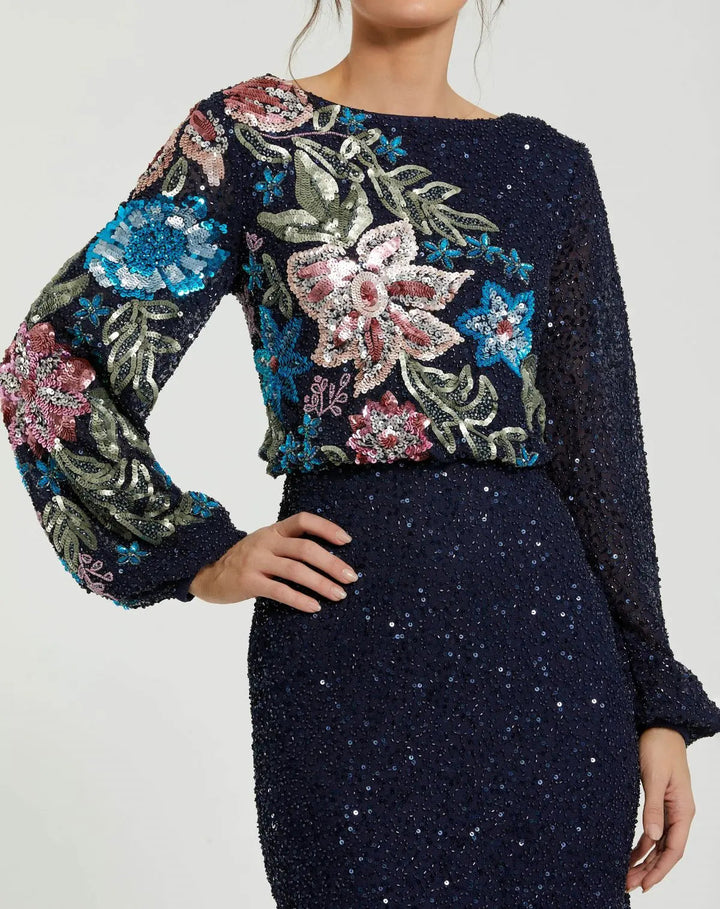 Mac Duggal 5615 High Neck Long Sleeve Sequin Evening Gown