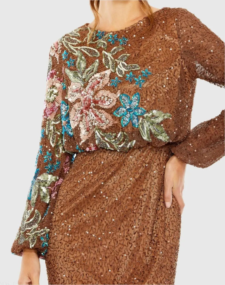 Mac Duggal 5615 High Neck Long Sleeve Sequin Evening Gown