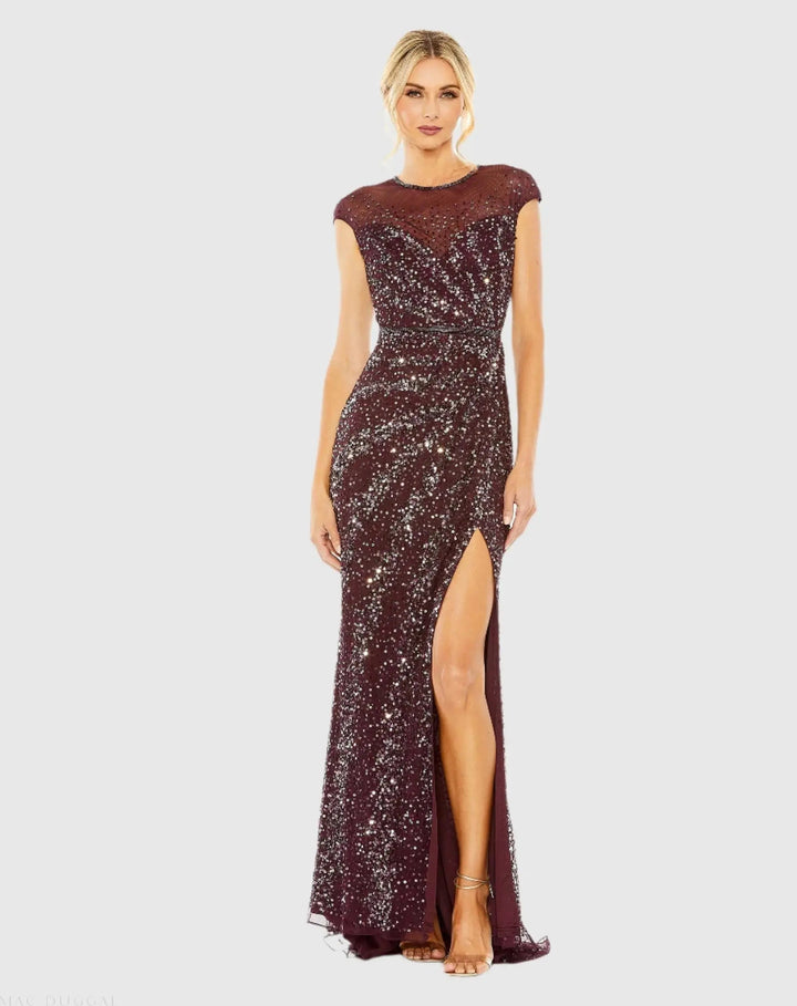 Mac Duggal 5619 Embellished Illusion High Neck Cap Sleeve Gown