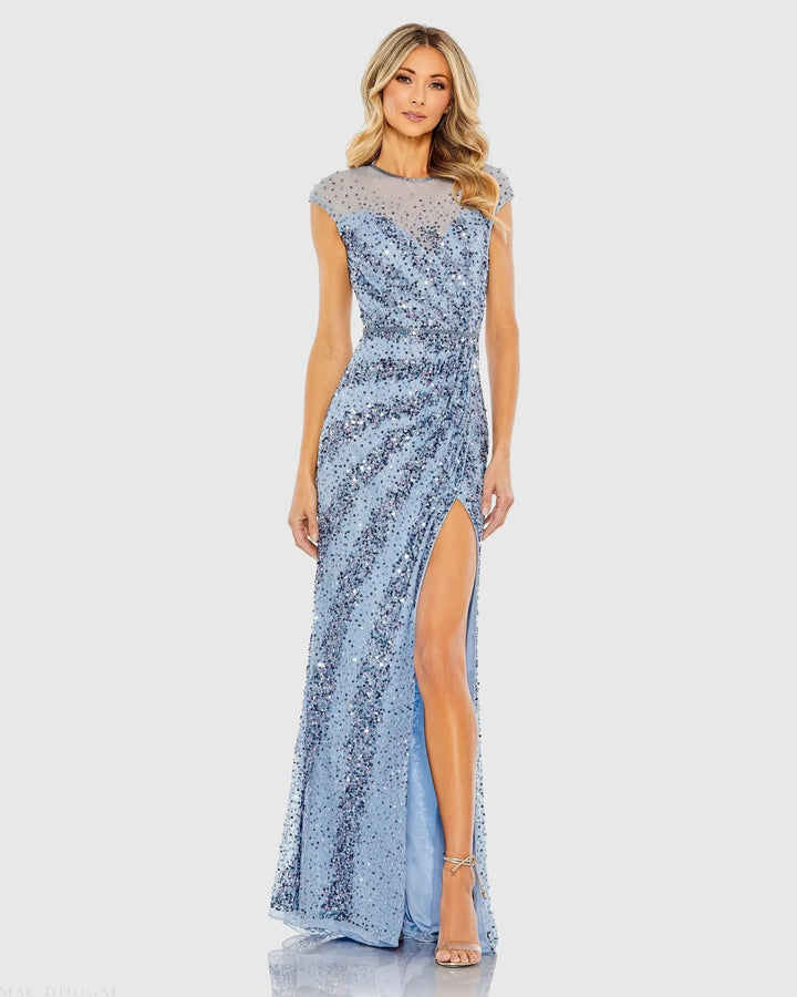 Mac Duggal 5619 Embellished Illusion High Neck Cap Sleeve Gown