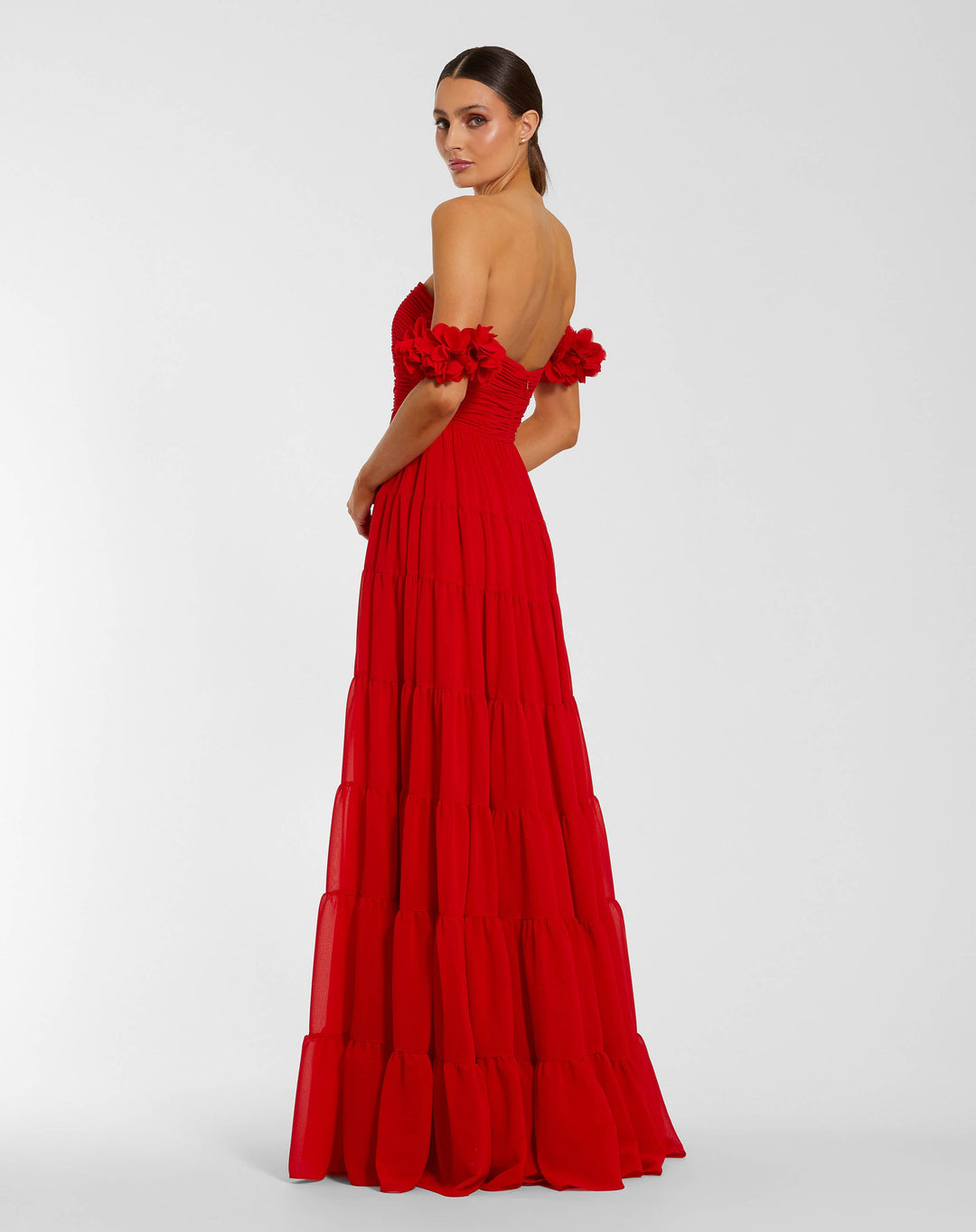 Mac Duggal 56191	 Red Off the Shoulder Tiered Gown With 3D Flowers