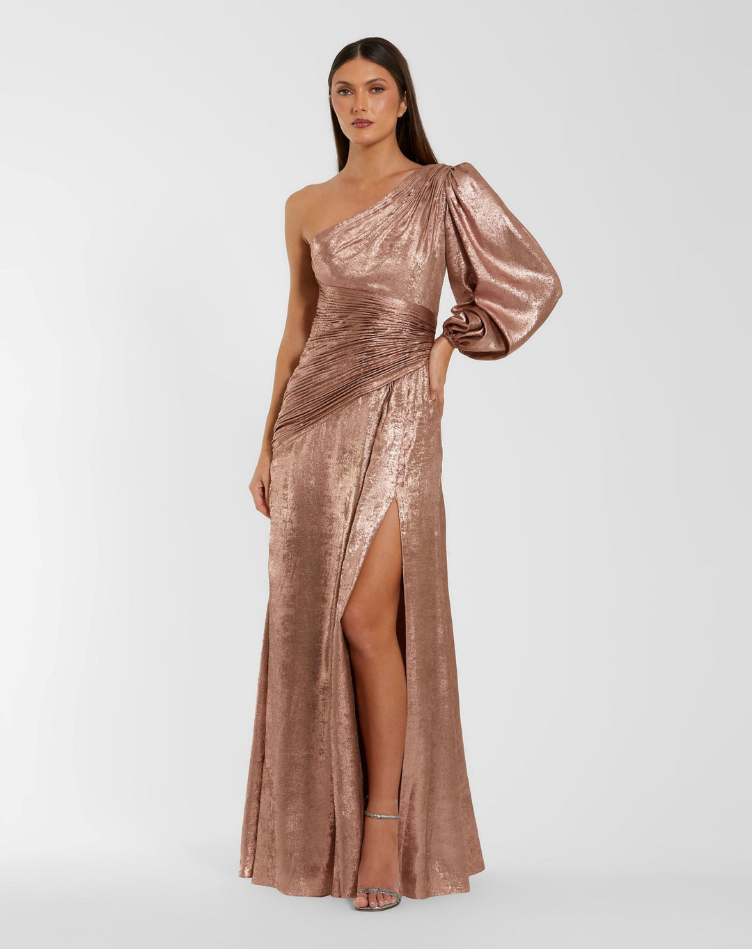 Mac Duggal 56226 Pink One Shoulder Metallic Gown With Slit