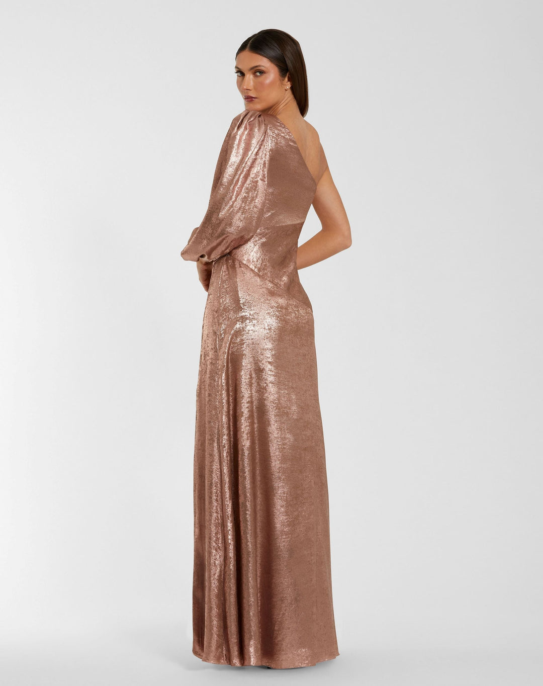 Mac Duggal 56226 Pink One Shoulder Metallic Gown With Slit