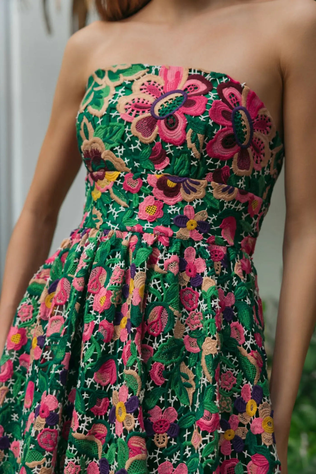 Green Strapless Floral Embroidered Midi Dress - FOSTANI.com