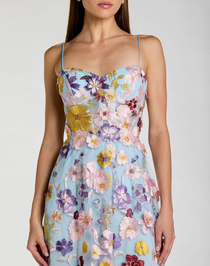 Blue Spaghetti Strap Floral Embroidered A-Line Gown - FOSTANI.com