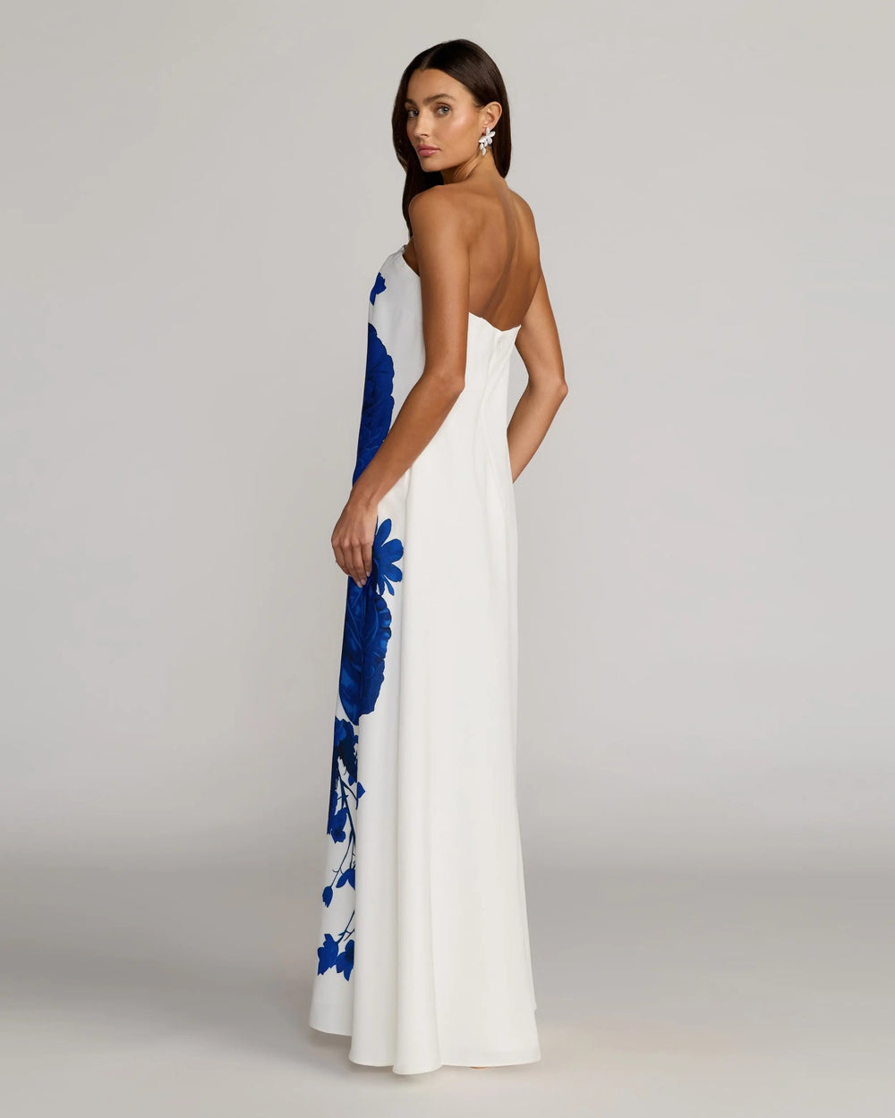White Floral Printed Strapless Crepe Trapeze Gown - FOSTANI.com