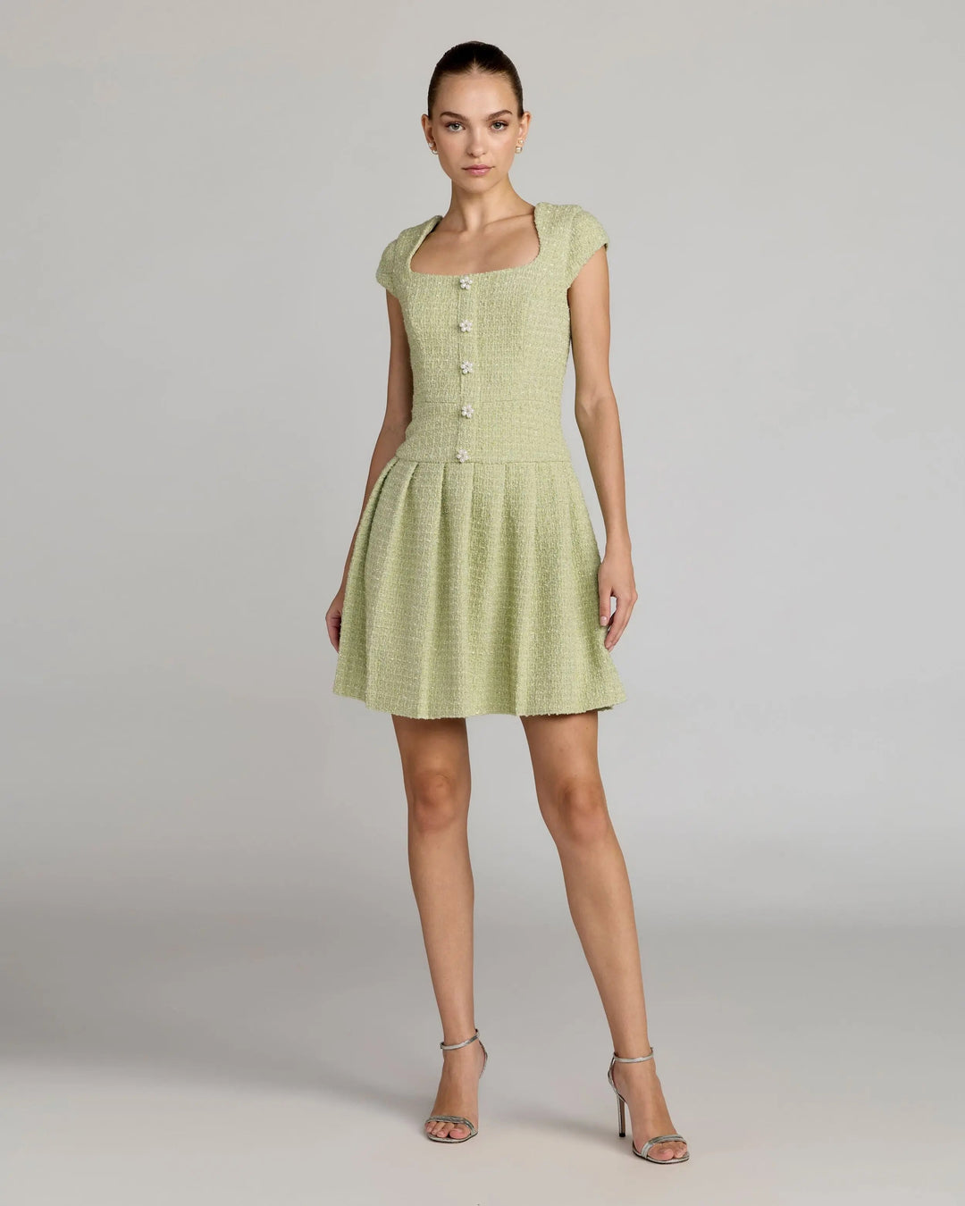 Green Tweed Cap Sleeve Pleated Mini Dress - FOSTANI.com