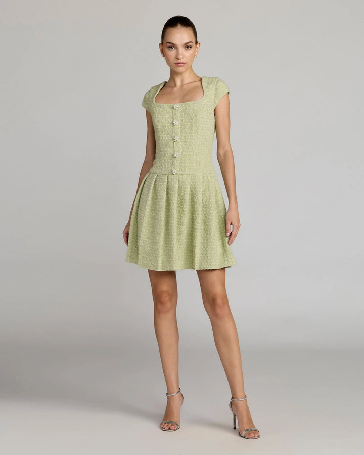 Green Tweed Cap Sleeve Pleated Mini Dress - FOSTANI.com