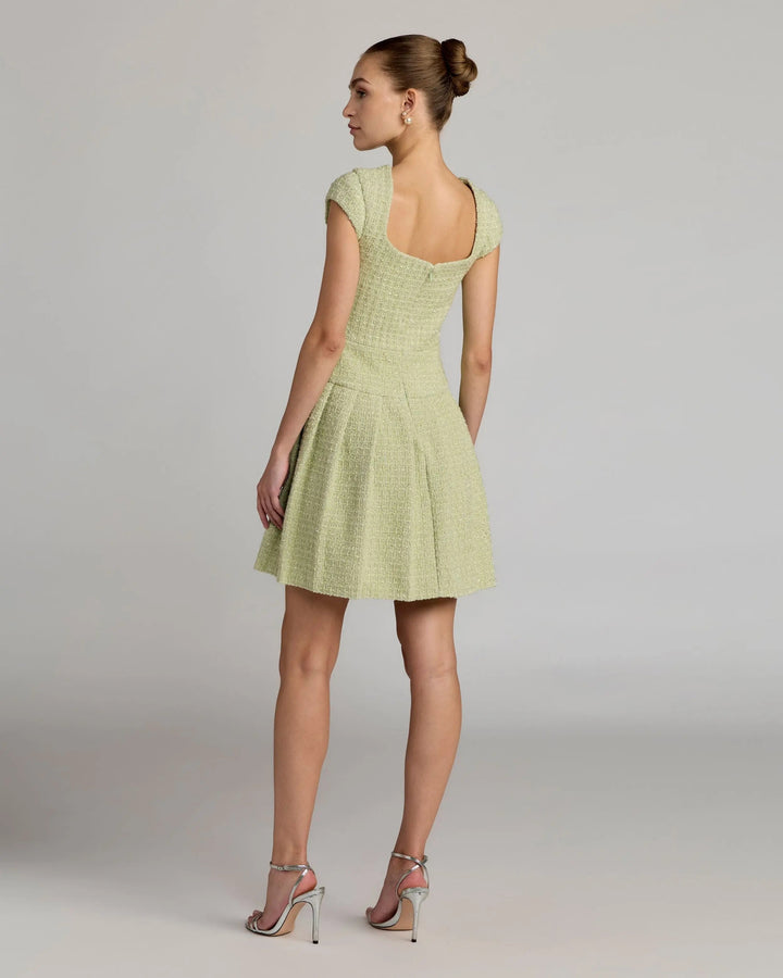 Green Tweed Cap Sleeve Pleated Mini Dress - FOSTANI.com
