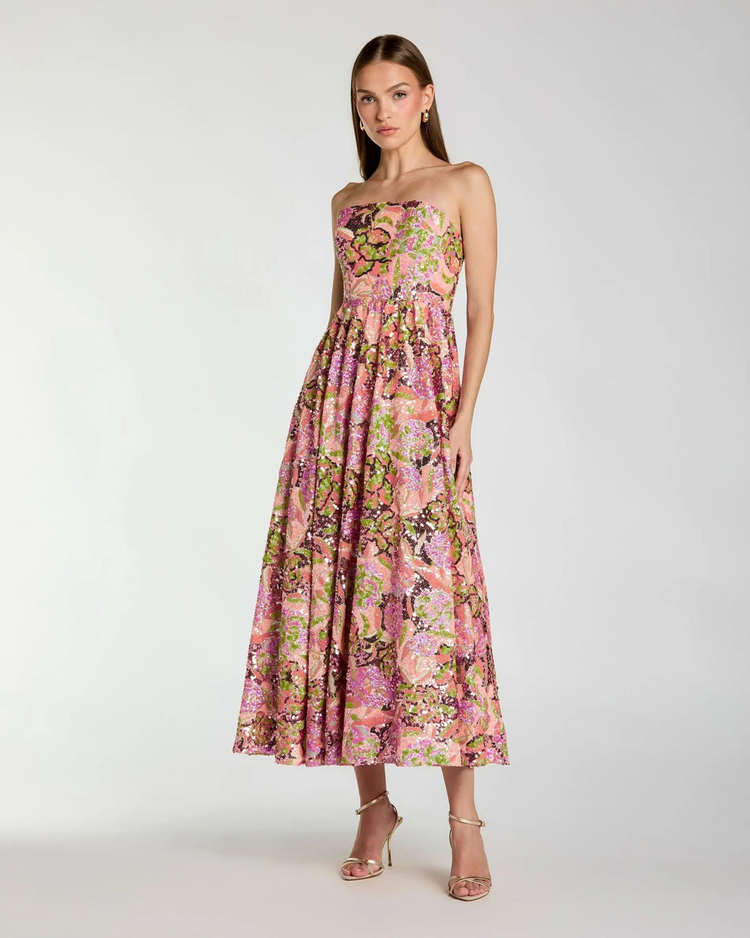 Multicolor Strapless Sequin Floral Midi Dress - FOSTANI.com