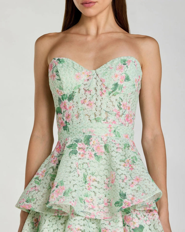 Green Floral Tiered Strapless Midi Dress - FOSTANI.com