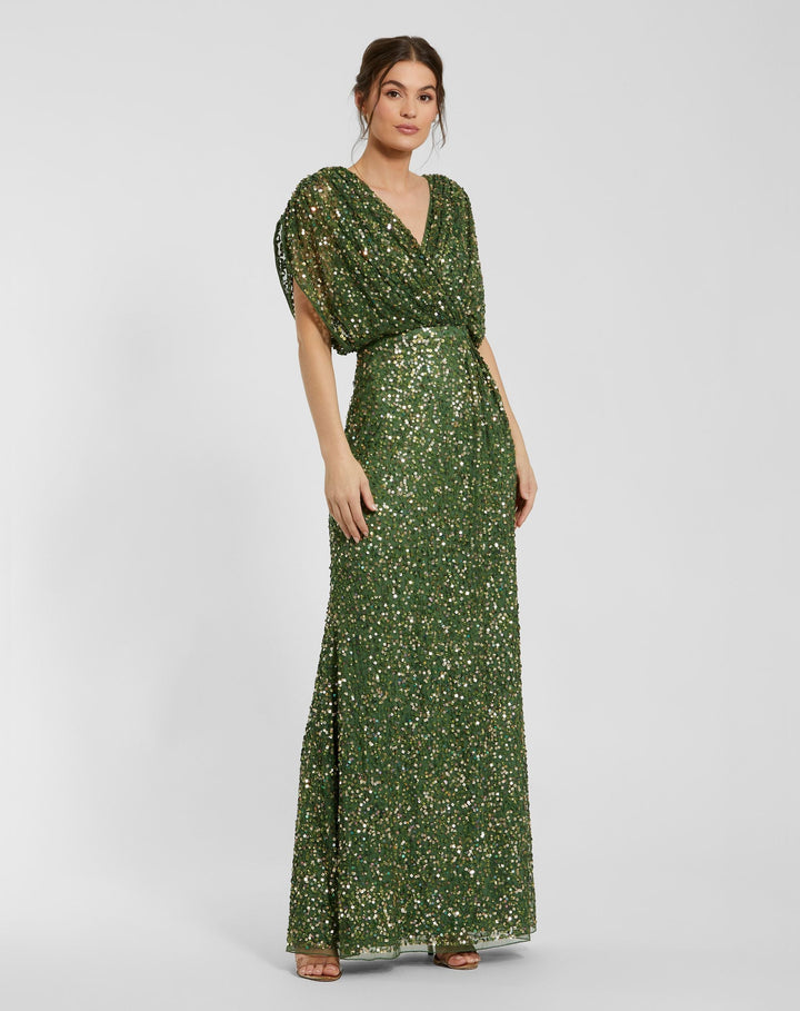 Mac Duggal 5640 Sequin Draped Sleeve V-Neck Dress