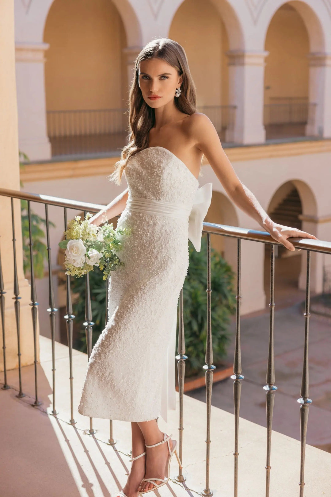 Ivory Strapless Beaded Bow Back Midi Dress - FOSTANI.com