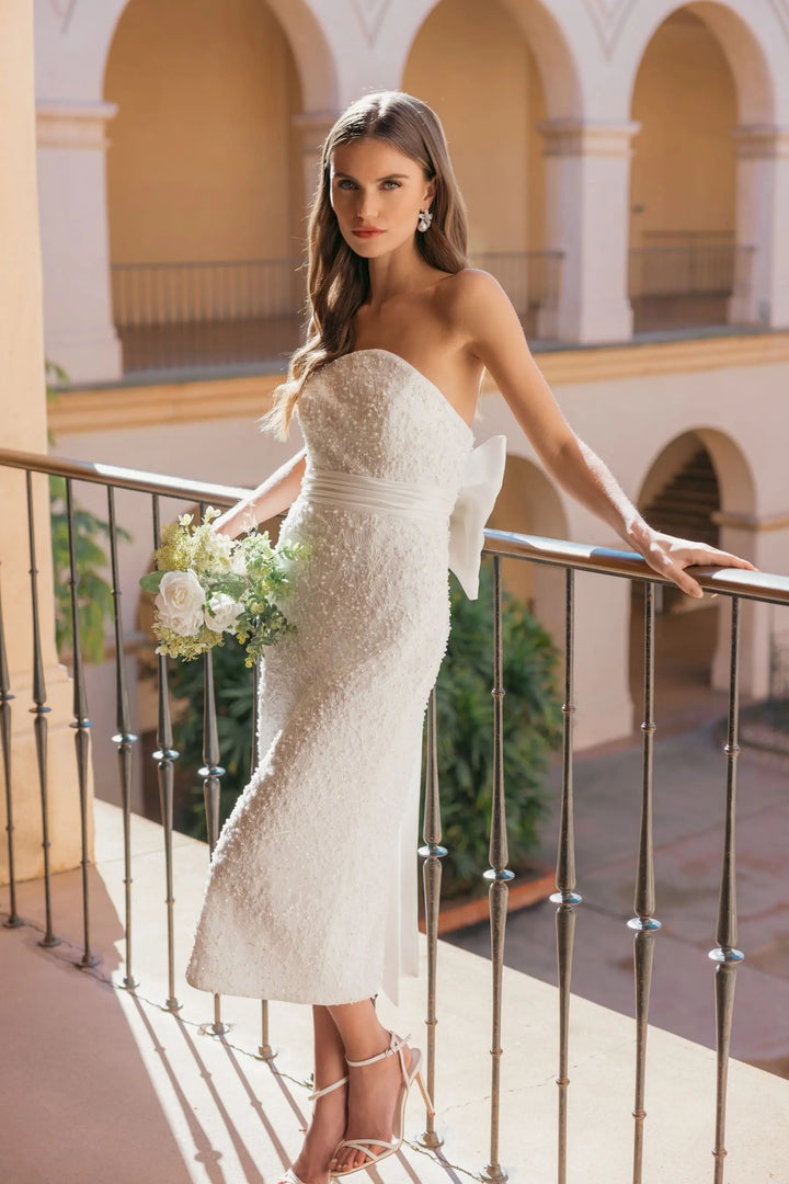 Ivory Strapless Beaded Bow Back Midi Dress - FOSTANI.com