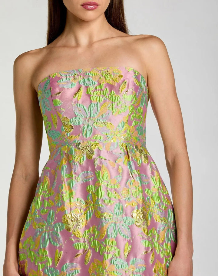 Multicolor Strapless Floral Brocade Midi Dress - FOSTANI.com