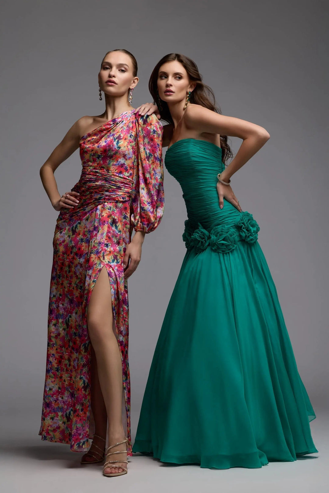 Mac Duggal 2634 One Sleeve Floral Print Charmeuse Dress With Slit