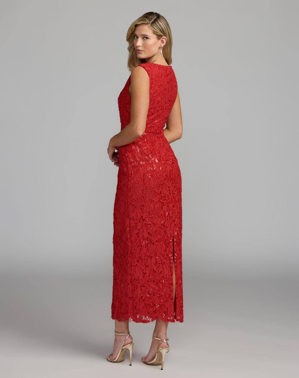 Mac Duggal 56435 Sleeveless Embroidered Lace Midi Dress