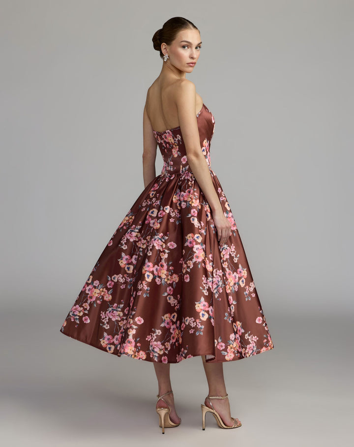Mac Duggal 56504 Floral Satin Strapless A-Line Midi Dress