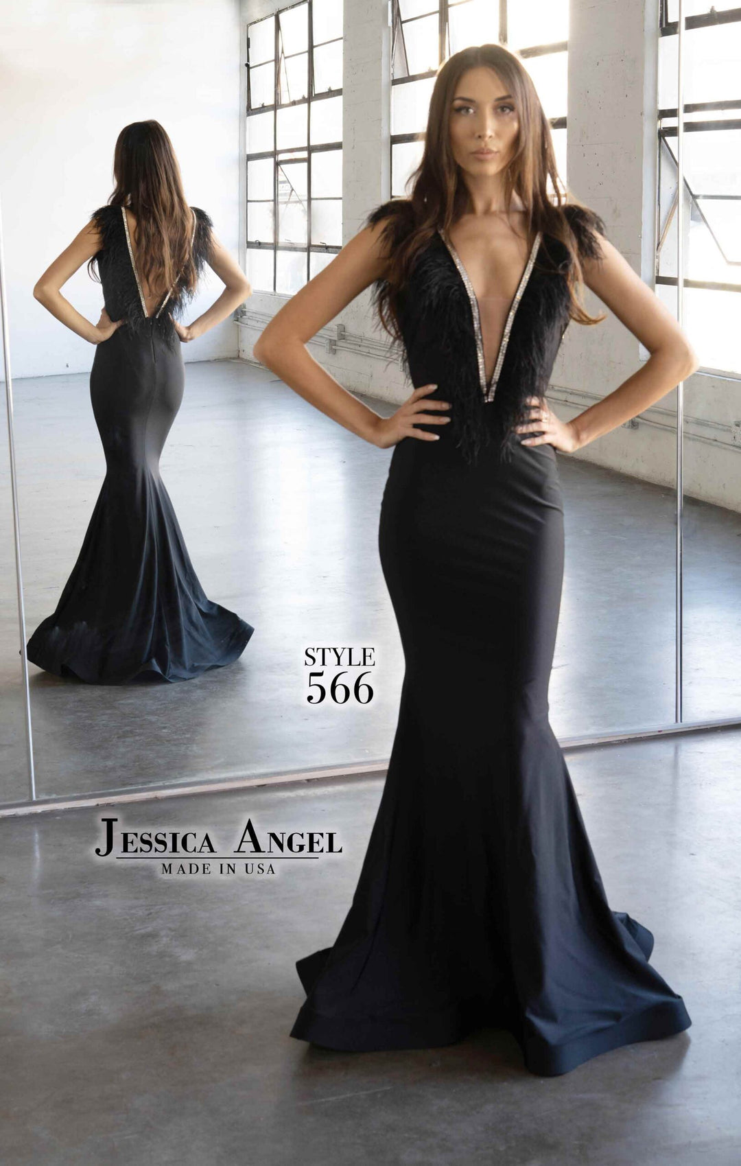 Jessica Angel 566 feather shoulder prom dress alternate back view