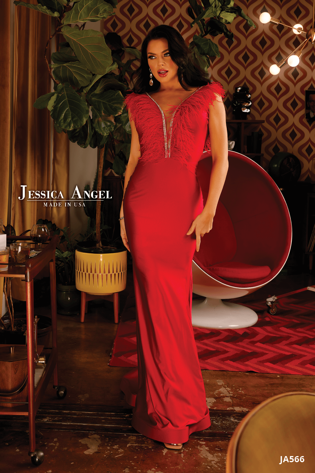 Jessica Angel 566 feather shoulder prom dress front view