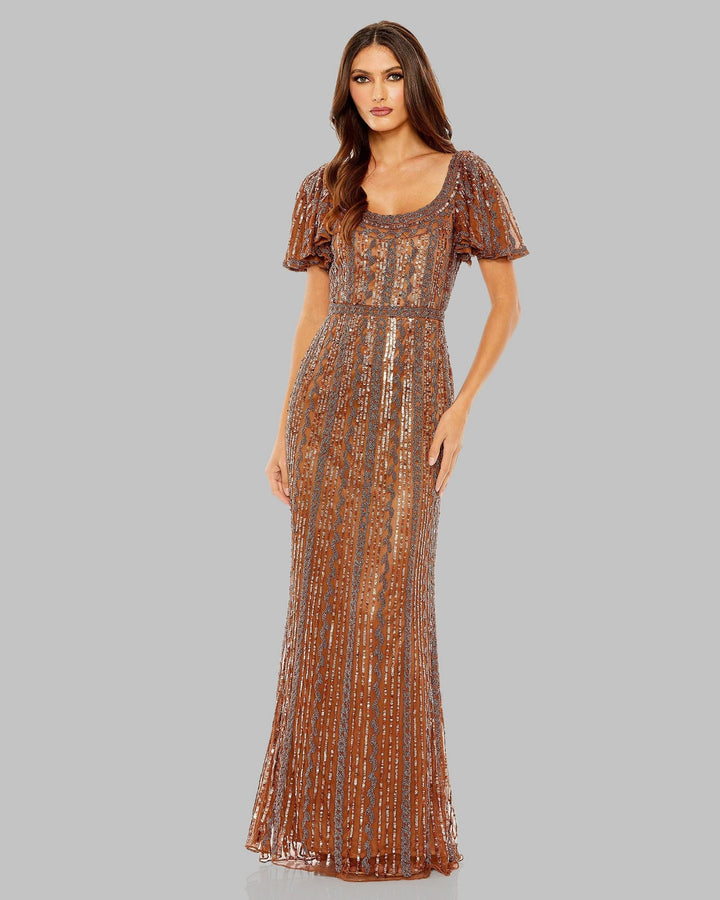Mac Duggal 5914 Brown Beaded Flutter Sleeve Column Gown