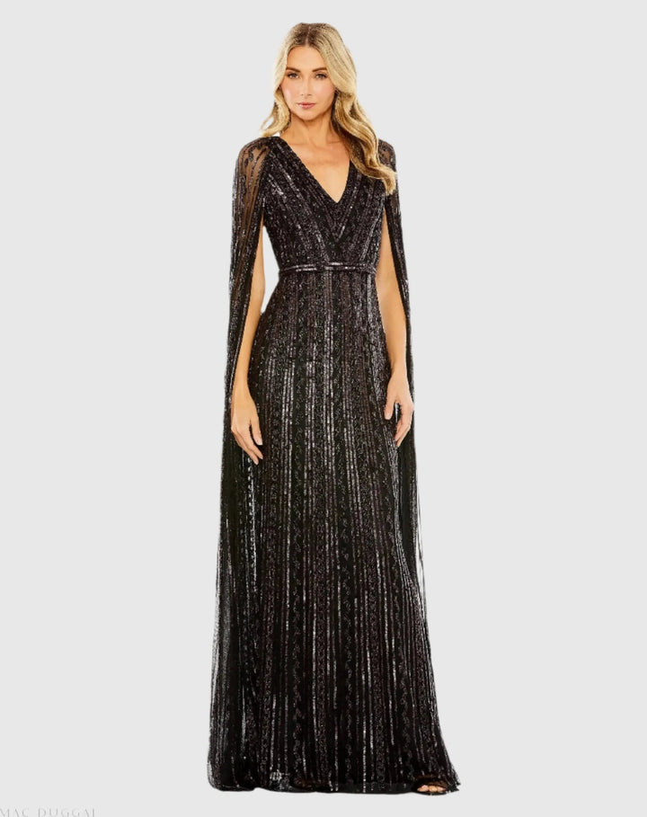 Mac Duggal 5915 Sequined V-Neck Gown with Cape Sleeves