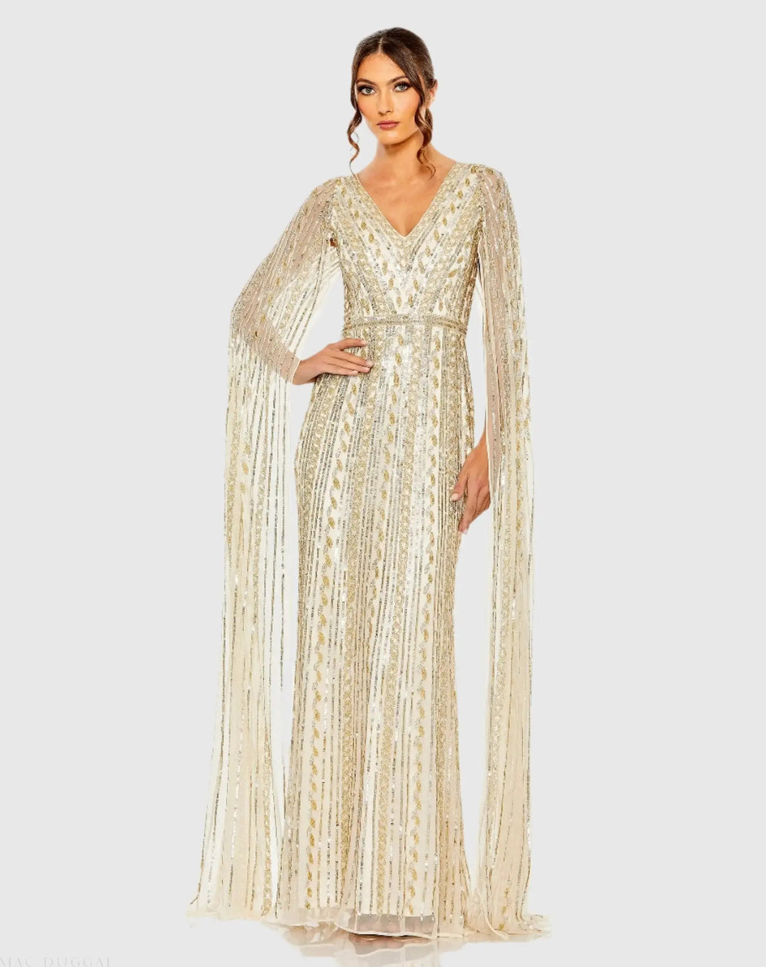 Mac Duggal 5915 Sequined V-Neck Gown with Cape Sleeves