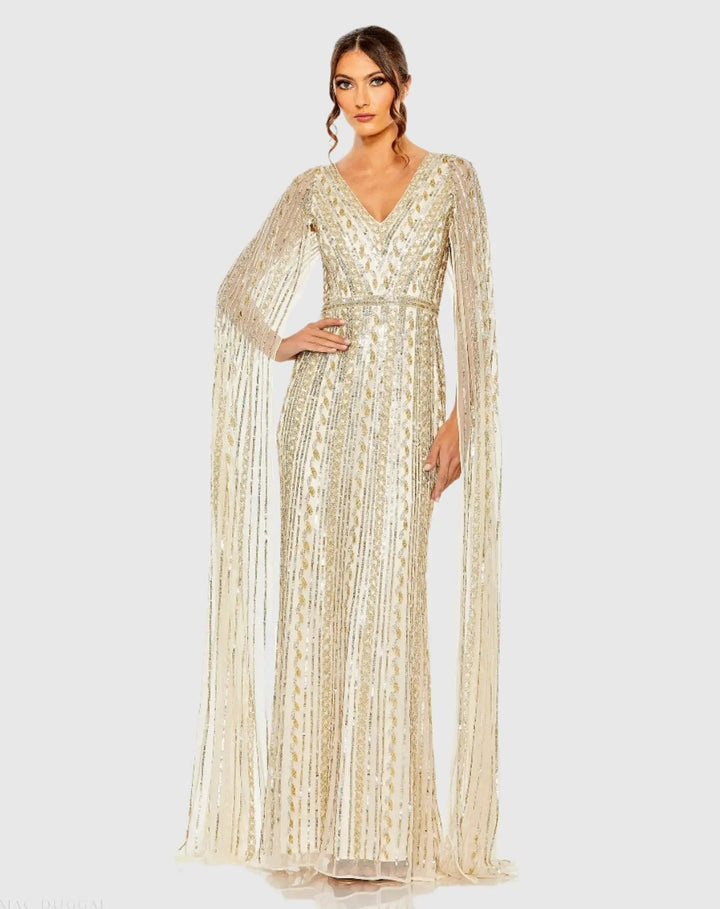 Mac Duggal 5915 Sequined V-Neck Gown with Cape Sleeves
