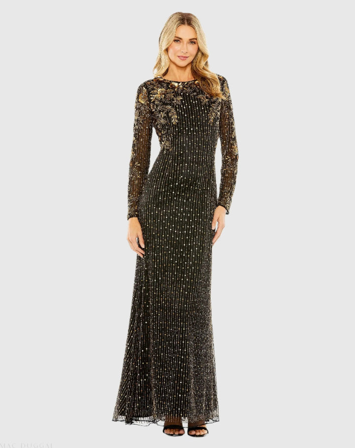 Mac Duggal 5956 High Neck Long Sleeve Embellished Gown