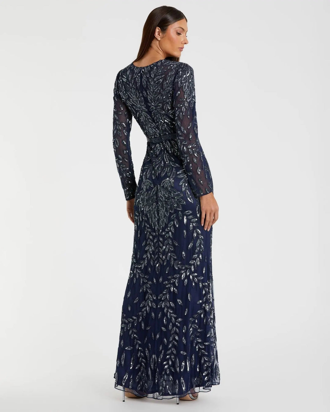 Mac Duggal 6023 Navy Long Sleeve Illusion Neckline Embellished Gown