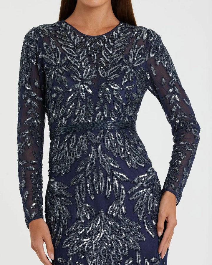 Mac Duggal 6023 Navy Long Sleeve Illusion Neckline Embellished Gown