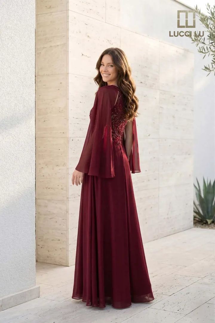 Lucci Lu 6047W V Neck Long Sleeve Back Zipper Mother of the Bride Dress