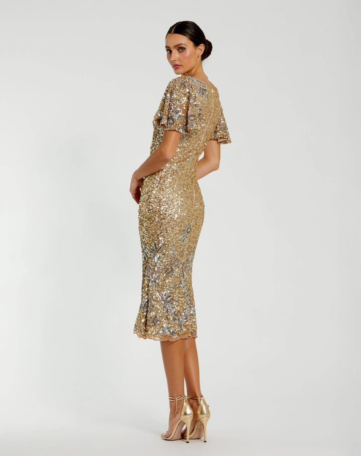 Mac Duggal 6118 Gold Flutter Sleeve Floral Embellished Sequin Midi Dress