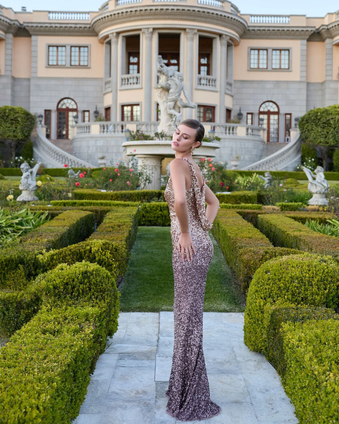 Mac Duggal 6145 Gold Brown Ombre Sequin Cowl Back Gown