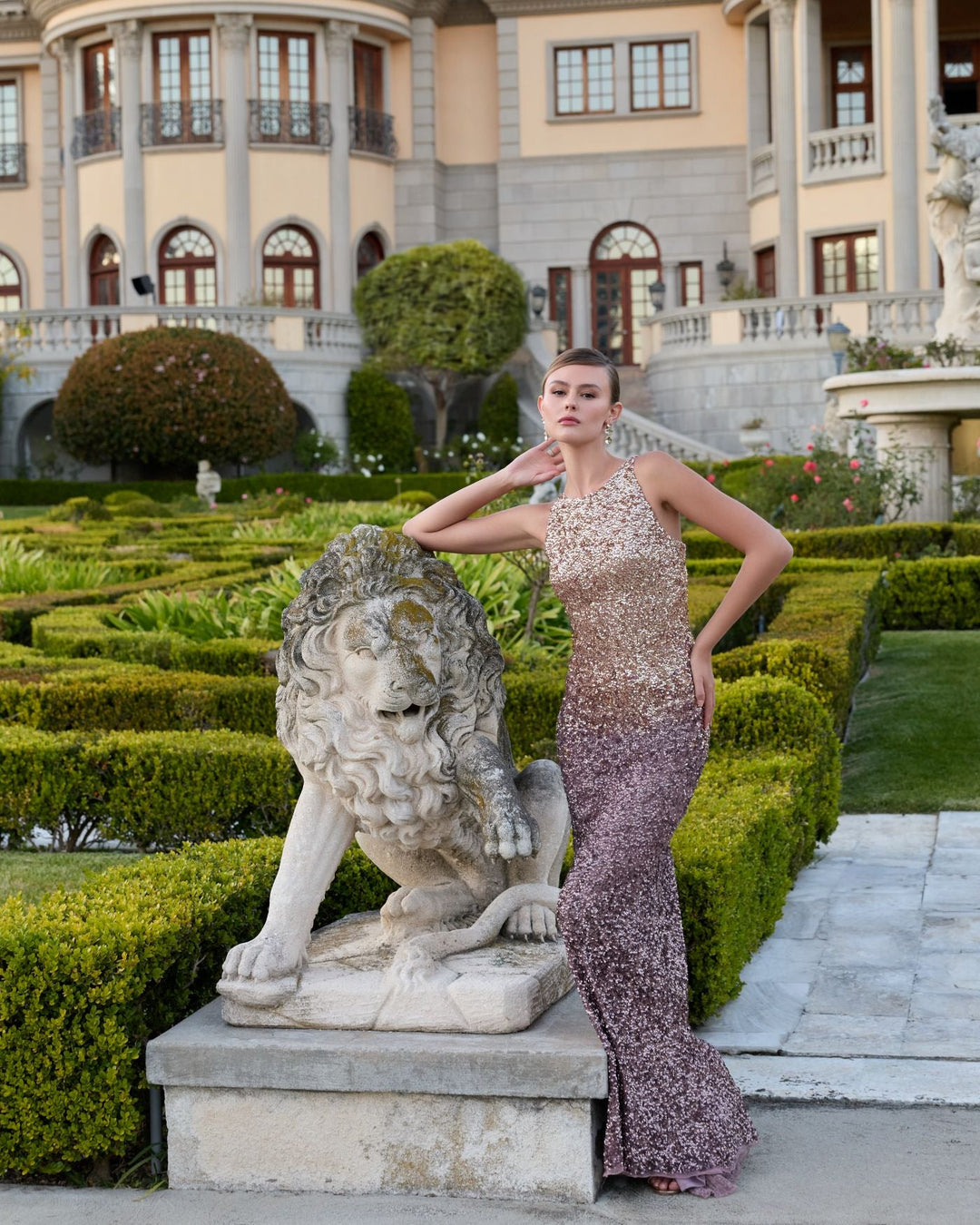 Mac Duggal 6145 Gold Brown Ombre Sequin Cowl Back Gown