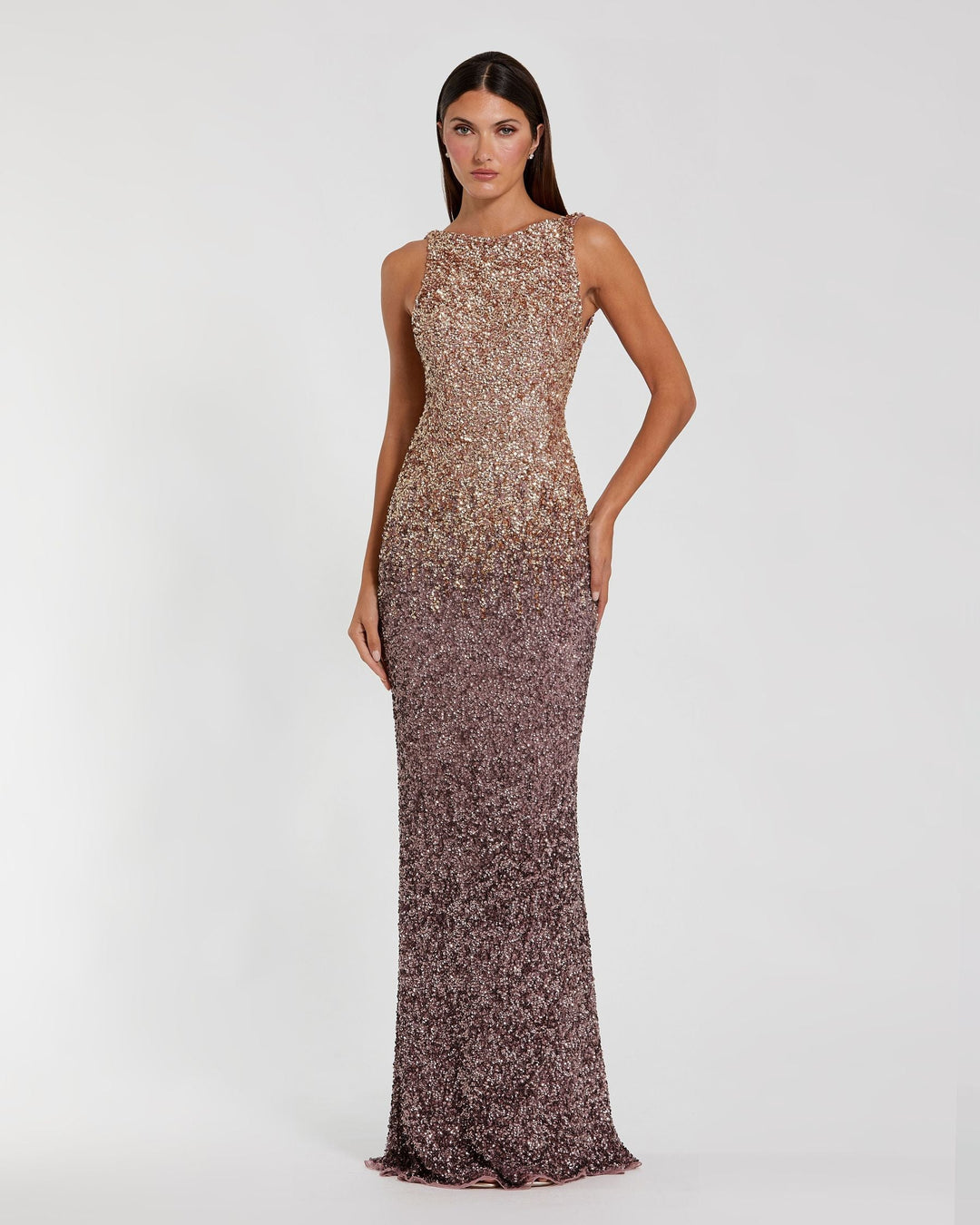 Mac Duggal 6145 Gold Brown Ombre Sequin Cowl Back Gown