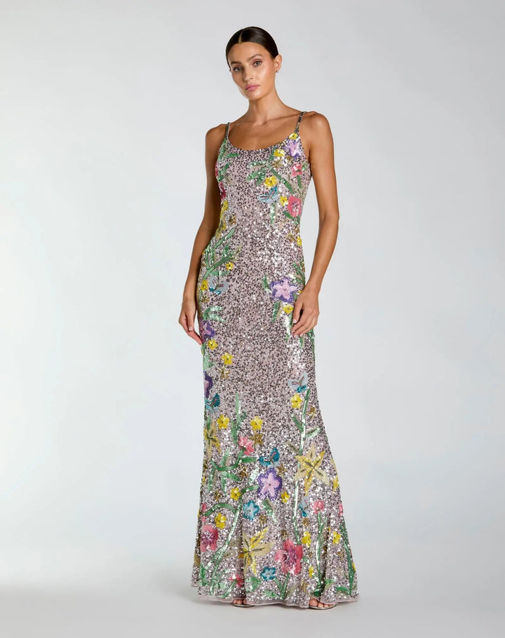 Silver Embellished Sleeveless Cowl Back Gown - FOSTANI.com
