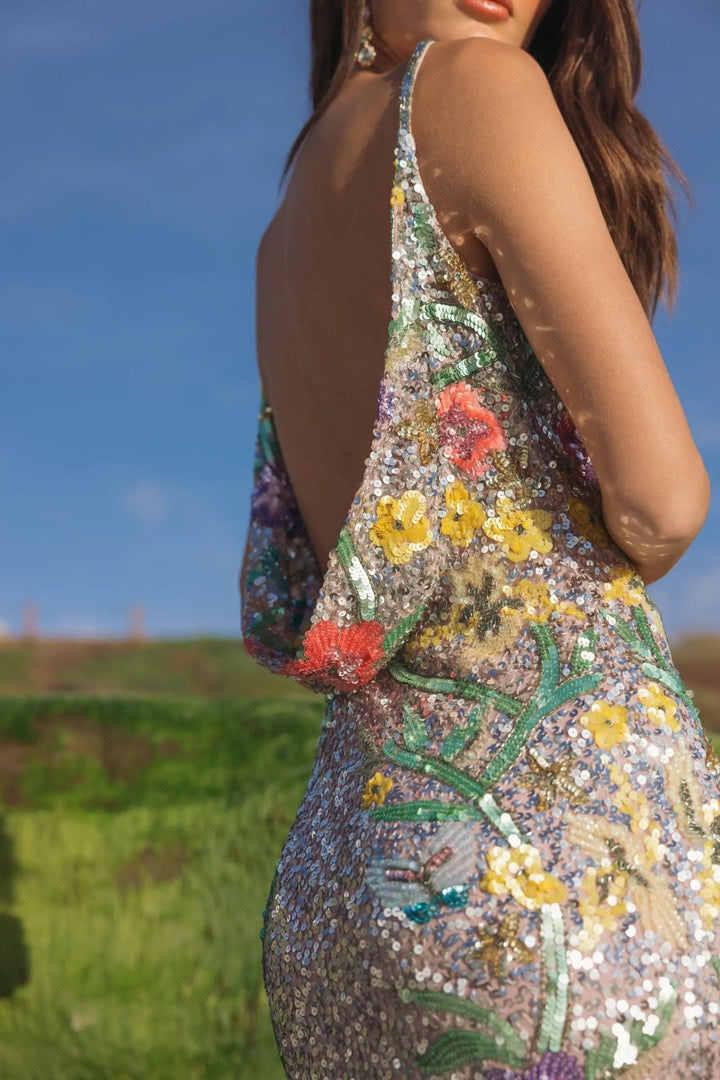Silver Embellished Sleeveless Cowl Back Gown - FOSTANI.com