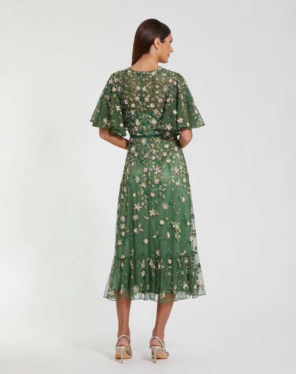 Mac Duggal 6162 Floral Embellished Flutter Sleeve Midi Dress