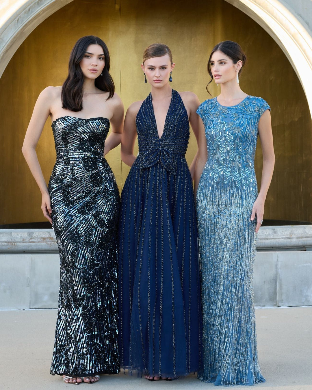 Mac Duggal 37120 Navy Beaded Halter Neck Open Back A-Line Gown