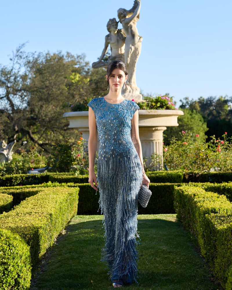 Mac Duggal 6169 Embellished Cap Sleeve Gown With Fringe Beading Dress