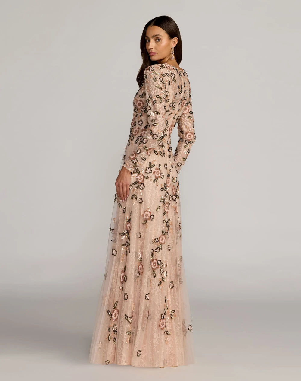 Mac Duggal 6239 Embellished Lace Floral Long Sleeve A-Line Gown