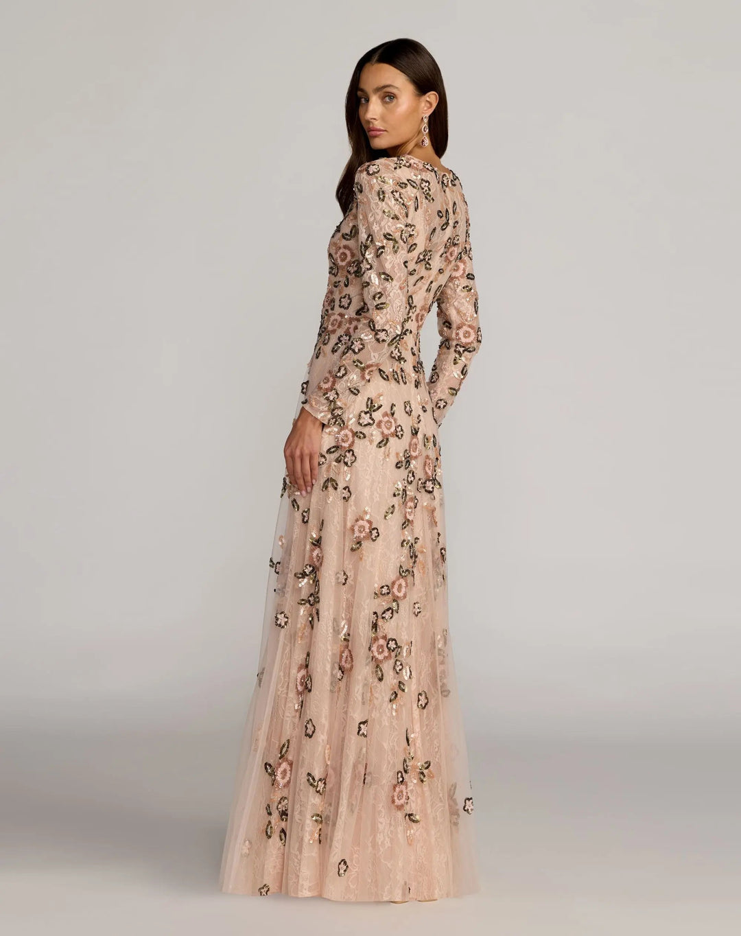 Mac Duggal 6239 Embellished Lace Floral Long Sleeve A-Line Gown